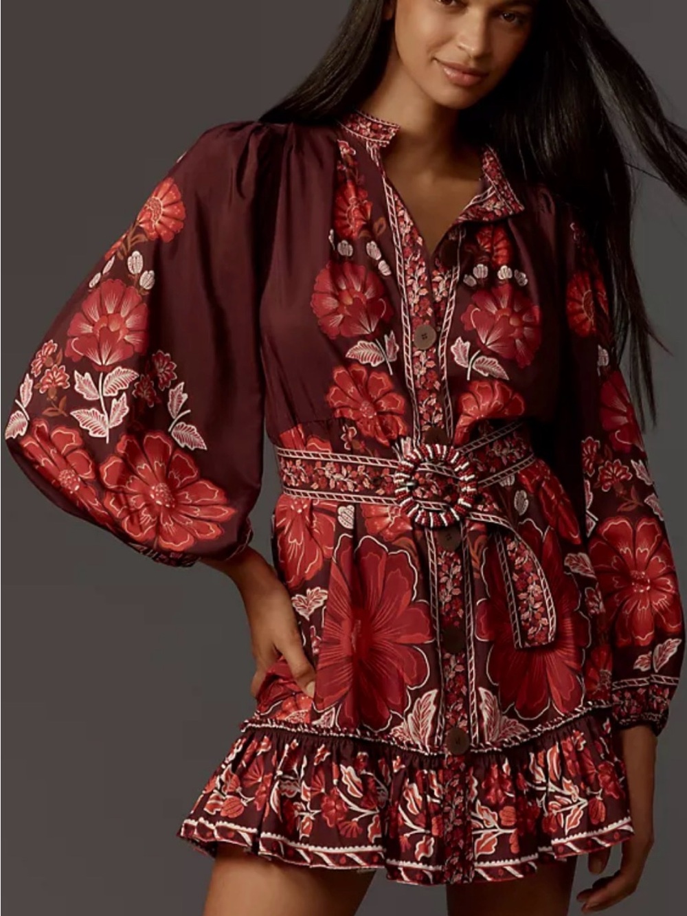 FARM Rio Burgundy Mini Dress with Red Floral Embroidery